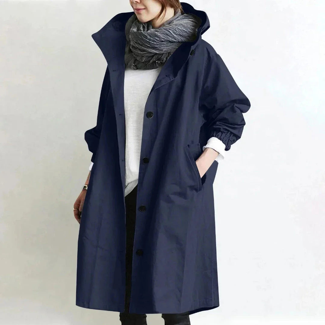 Abigail women's longline trench coat with adjustable hood, relaxed fit, button closure