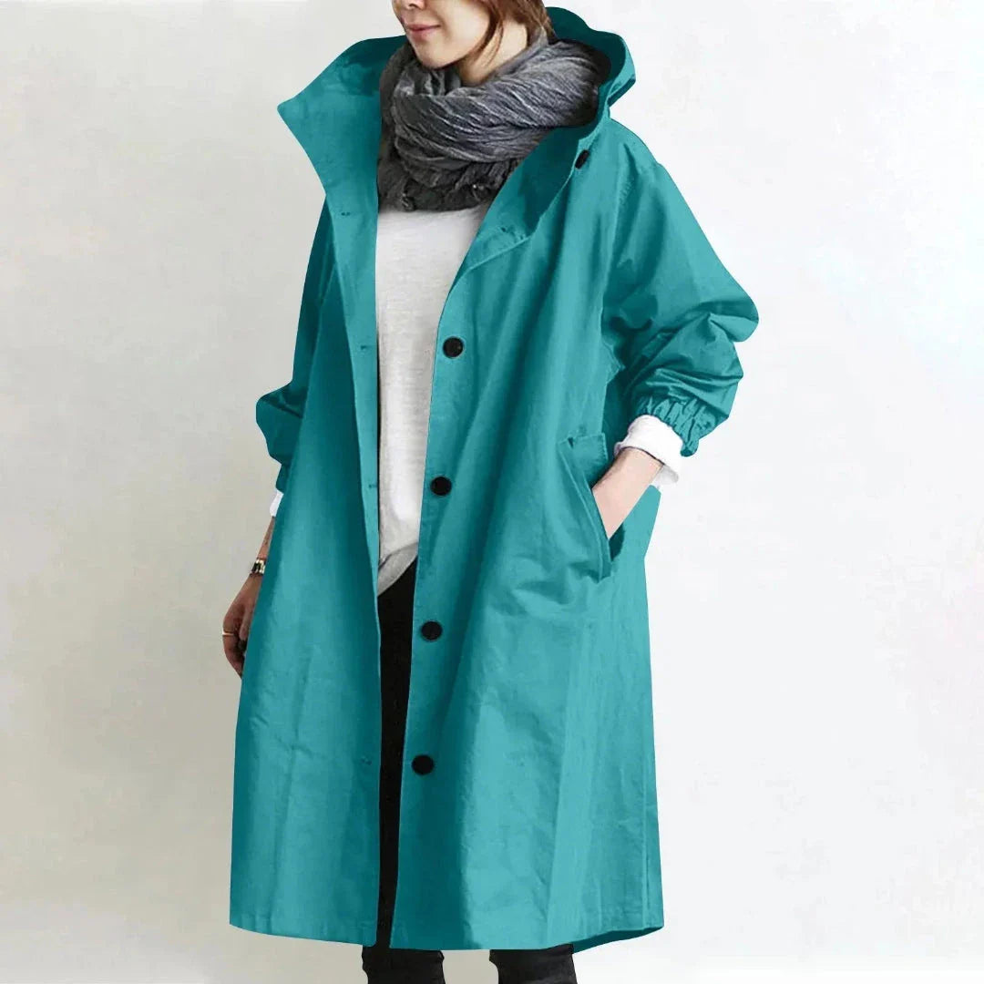 Abigail longline hooded trench coat relaxed fit with button closure and deep side pockets