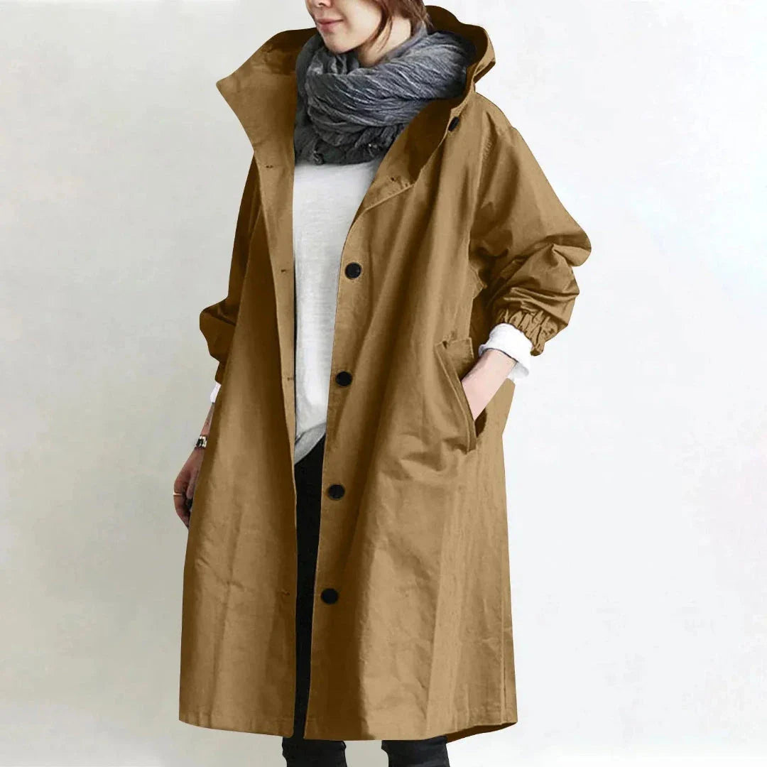 Abigail hooded longline trench coat relaxed fit with button closure and deep side pockets