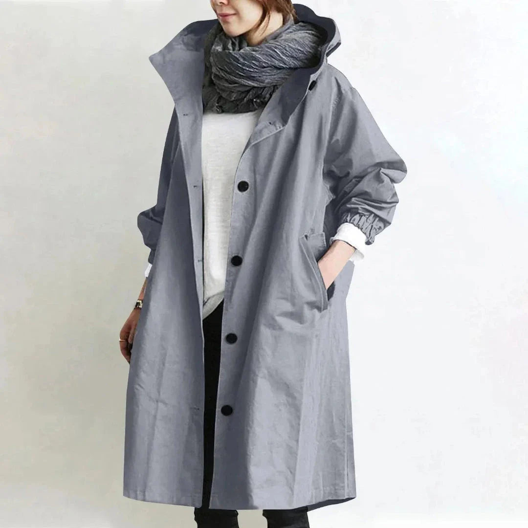 Abigail women's beige longline trench coat with adjustable hood and relaxed minimalist fit