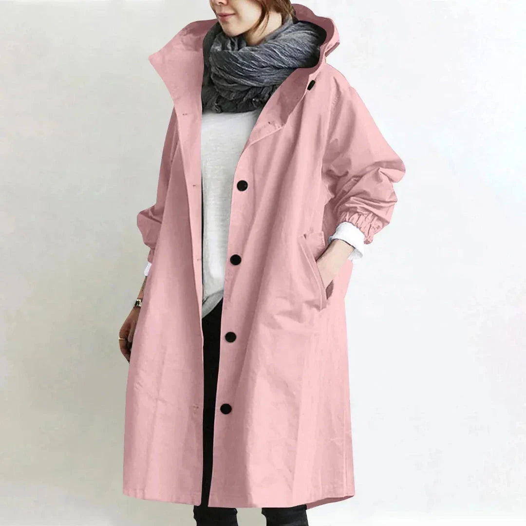Abigail women's beige longline trench coat with adjustable hood and relaxed minimalist fit