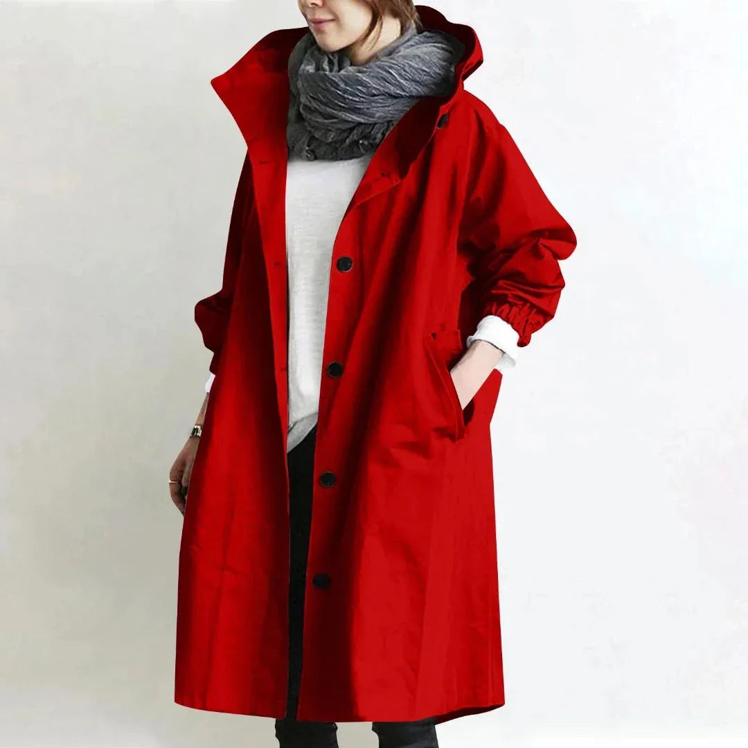 Abigail women's beige longline trench coat with adjustable hood and relaxed minimalist fit