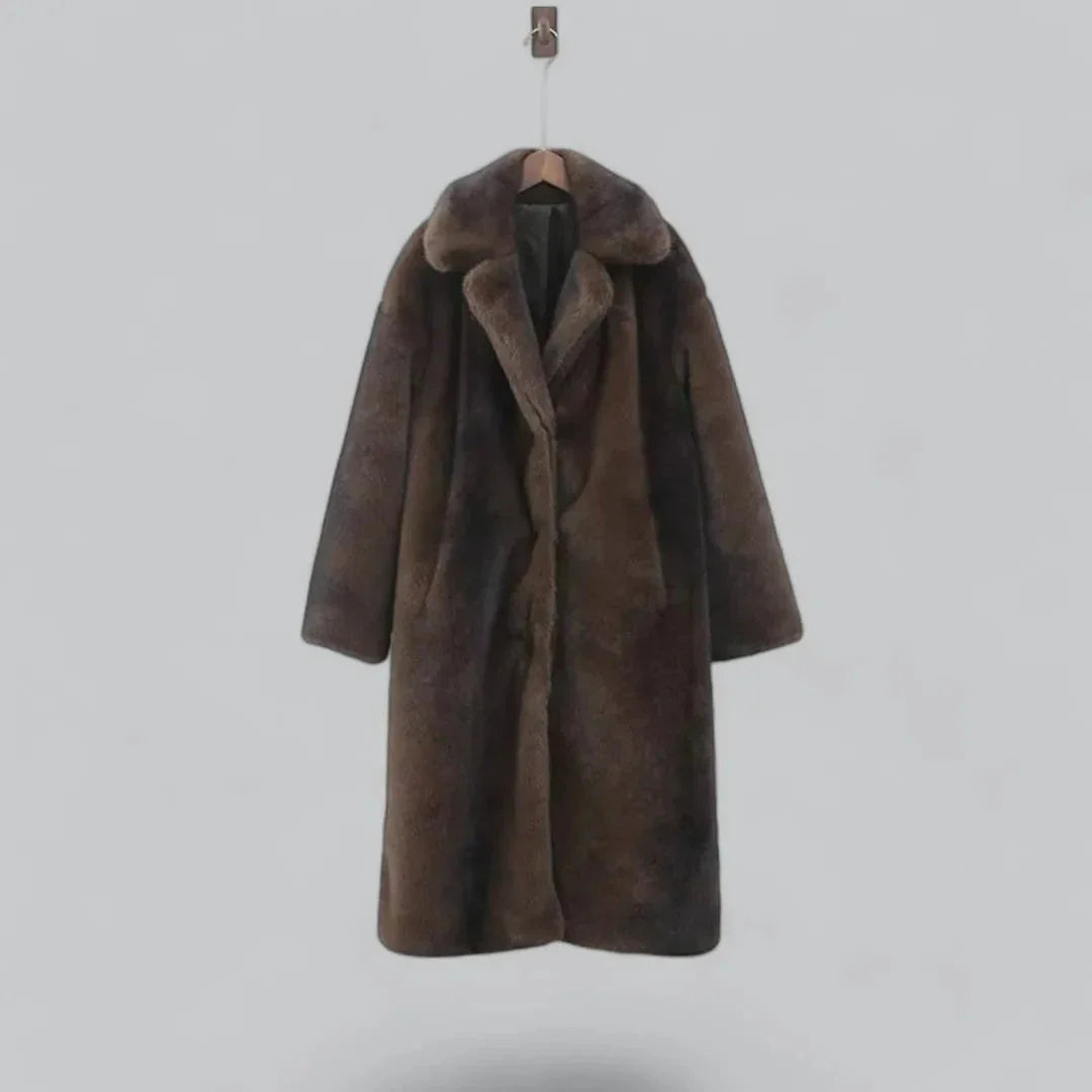 Brown full-length faux fur coat with relaxed fit and wide sleeves for winter sophistication