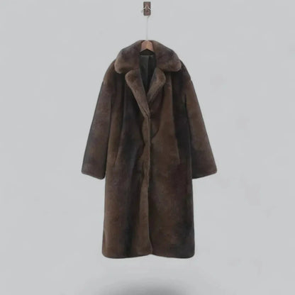 Brown full-length faux fur coat with relaxed fit and wide sleeves for winter sophistication