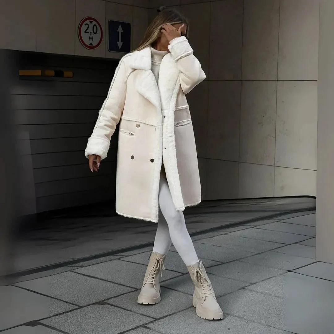 Addison beige faux shearling winter coat with double-breasted front and oversized lapel collar