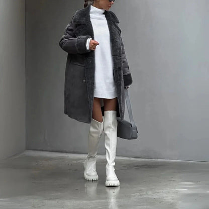 Addison beige faux shearling winter coat with double-breasted front and oversized lapel collar