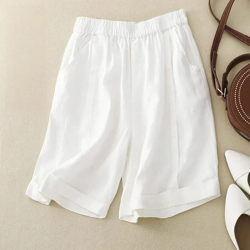 Adele relaxed-fit linen shorts with cuffed hem and elastic waistband for effortless style