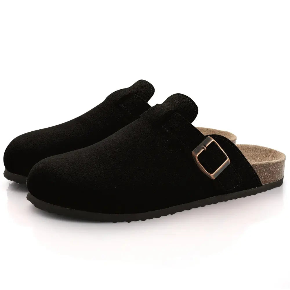 Women's cozy mule slippers in neutral tones with soft-brushed fabric and adjustable buckle strap