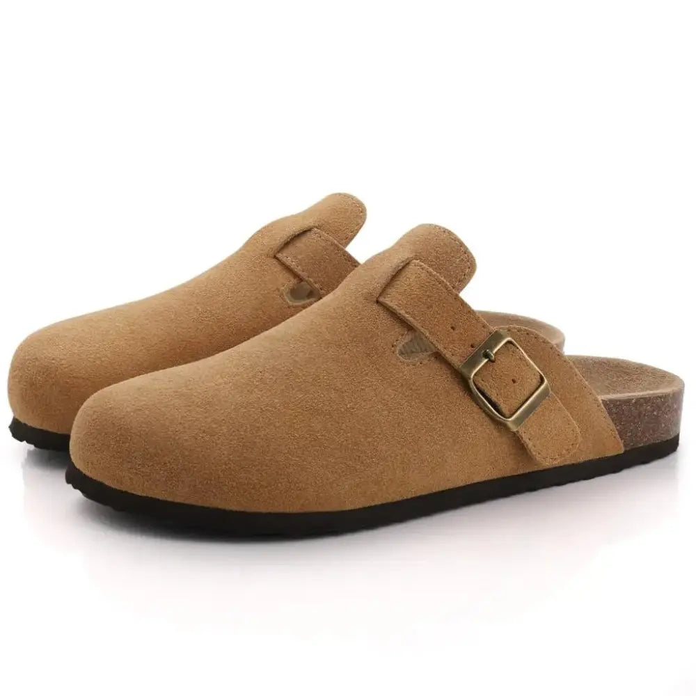 Women's cozy mule slippers in neutral tones with soft-brushed fabric and adjustable buckle strap