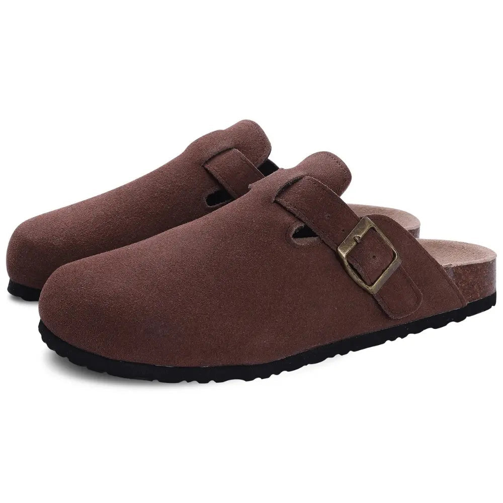 Women's cozy mule slippers in neutral tones with soft-brushed fabric and adjustable buckle strap