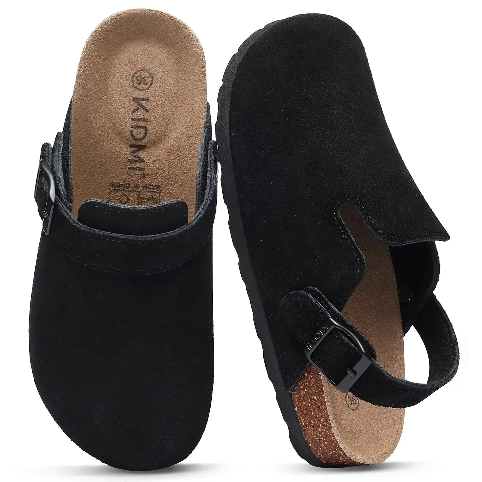 Women's adjustable strap suede clogs with cork footbed, open-back silhouette for all-day comfort