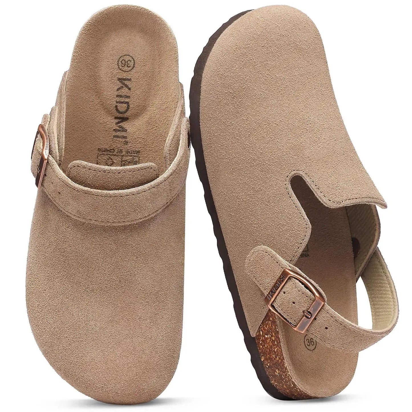 Women's adjustable strap suede clogs with cork footbed, open-back casual slip-on style