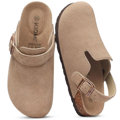 Women's adjustable strap suede clogs with cork footbed, open-back casual slip-on style