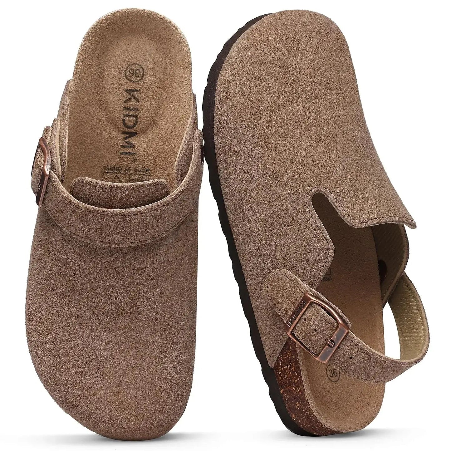 Women's adjustable strap clogs with suede upper, cork footbed, open-back casual slide design