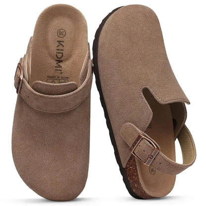 Women's adjustable strap clogs with suede upper, cork footbed, open-back casual slide design