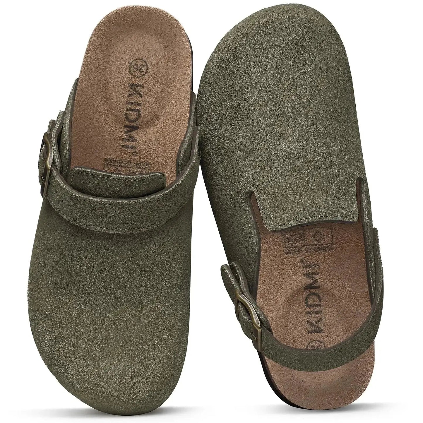 Women's adjustable strap clogs, suede upper, open-back style with cushioned cork footbed