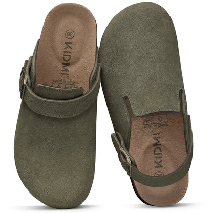 Women's adjustable strap clogs, suede upper, open-back style with cushioned cork footbed