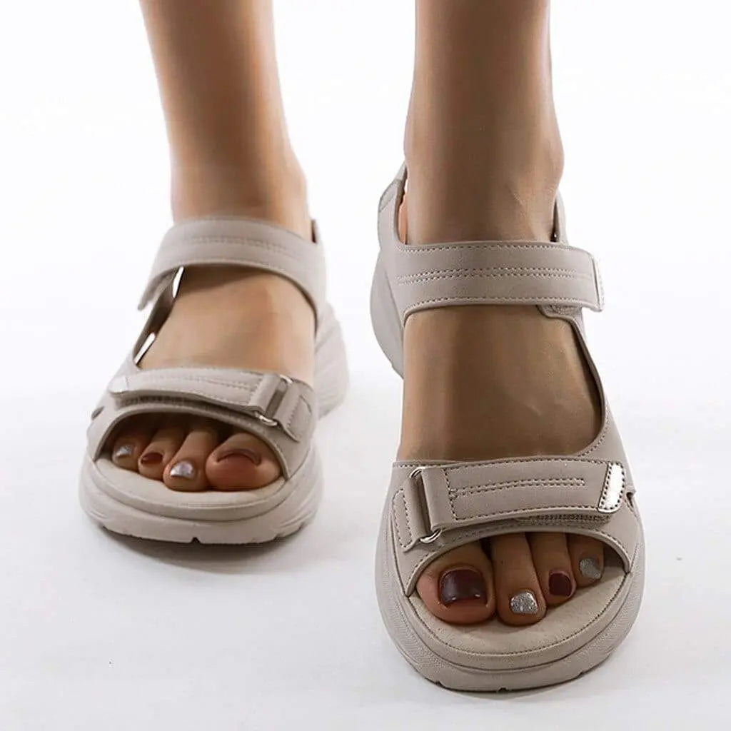 Women's adjustable strap sandals neutral tone casual style contoured midsole summer flat open-toe