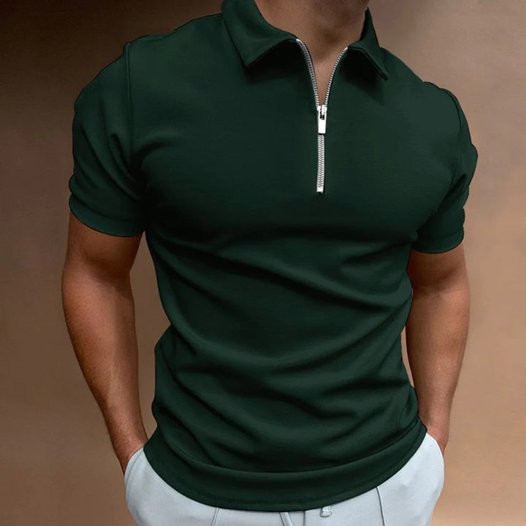 Men's slim fit polo shirt zip collar short sleeve modern casual office wear versatile look