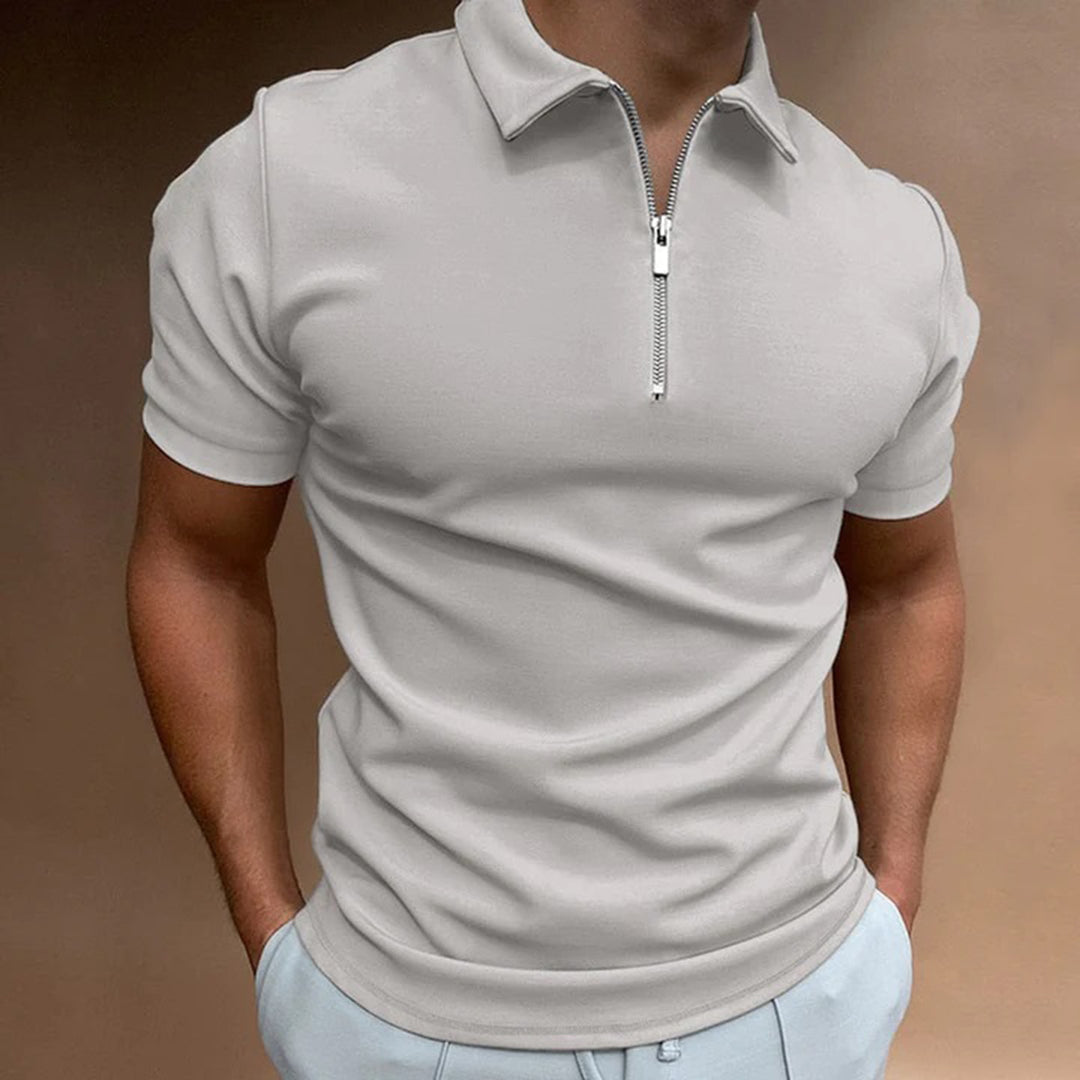 Men's slim fit polo shirt zip collar short sleeve modern casual office wear versatile everyday look