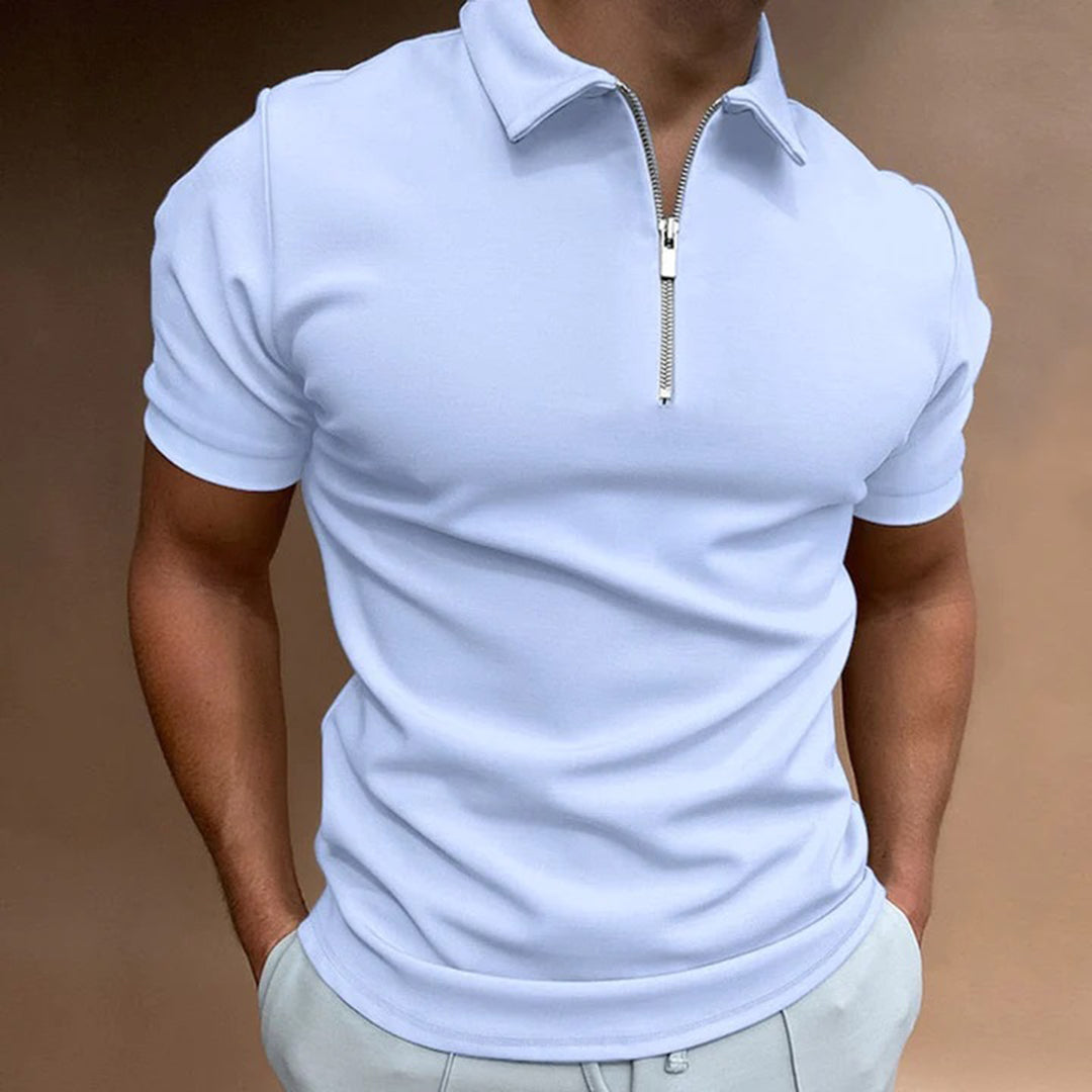 Men's slim fit polo shirt zip collar short sleeve modern casual office wear versatile look