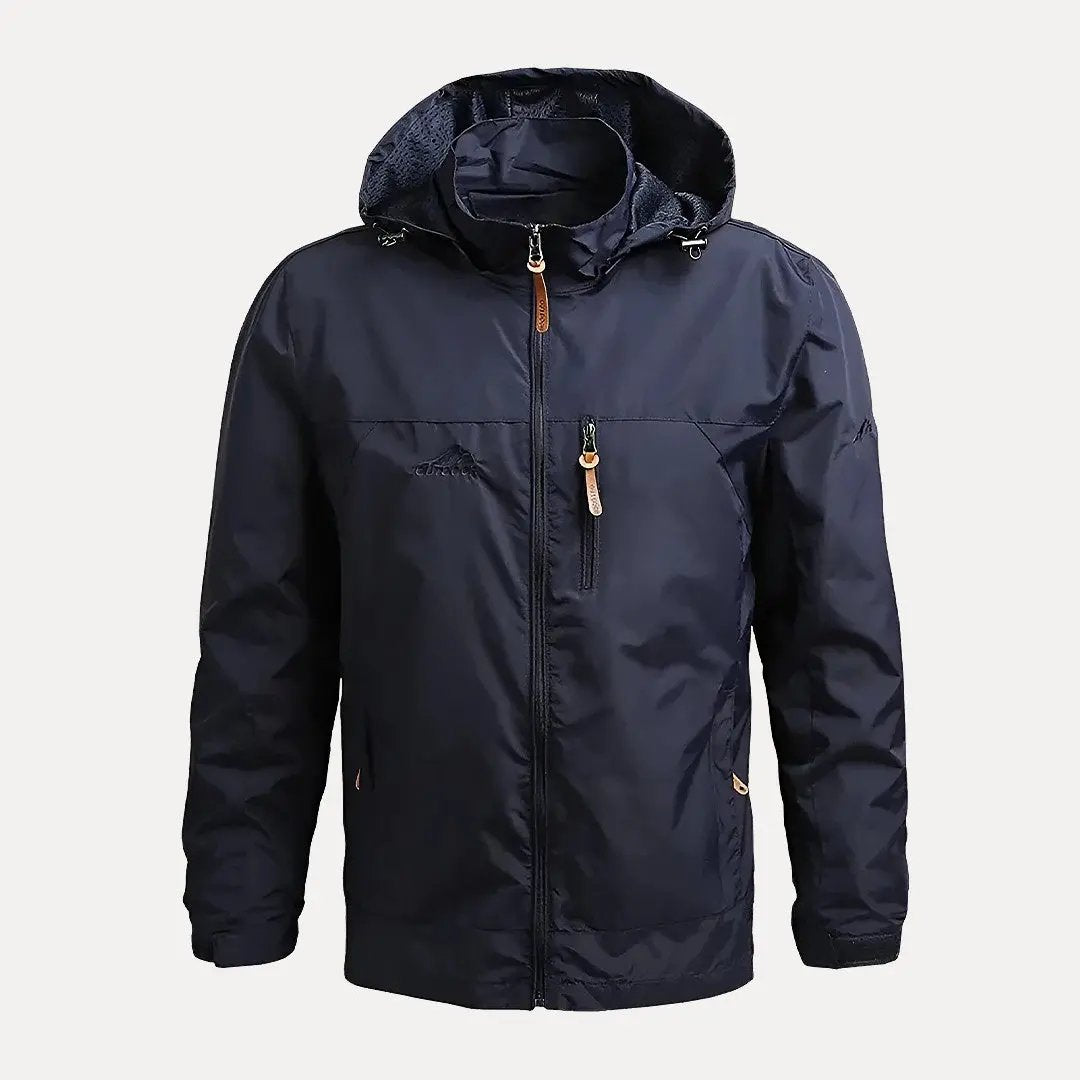 Men's navy waterproof windbreaker jacket, lightweight breathable design with packable fit for outdoor use