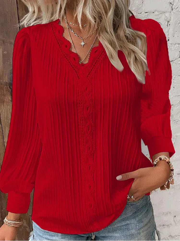 Ivory chiffon blouse with intricate lace neckline details, relaxed feminine fit for spring