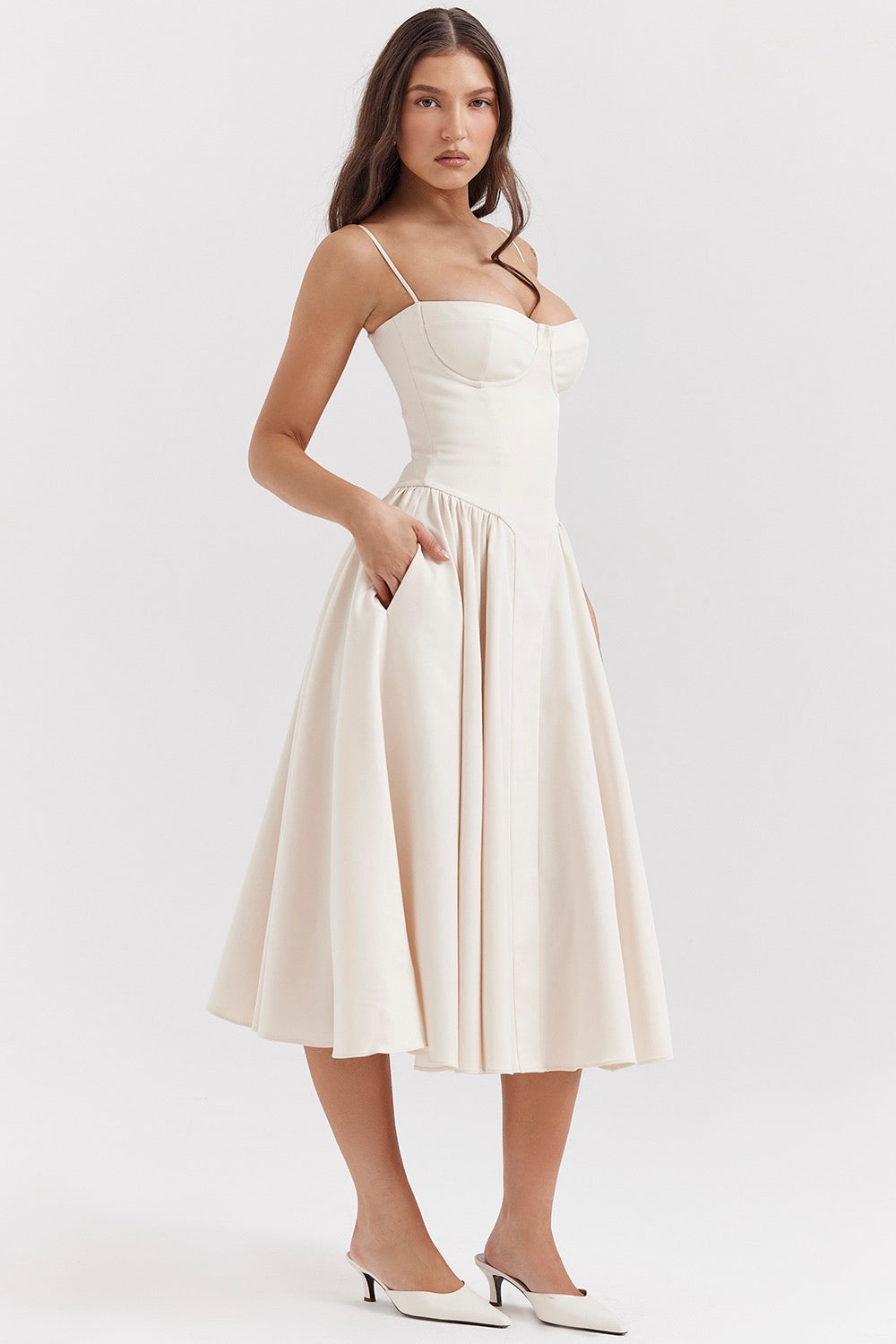 Women's long tank-style wedding guest dress in elegant vintage-inspired silhouette with clean flowing lines