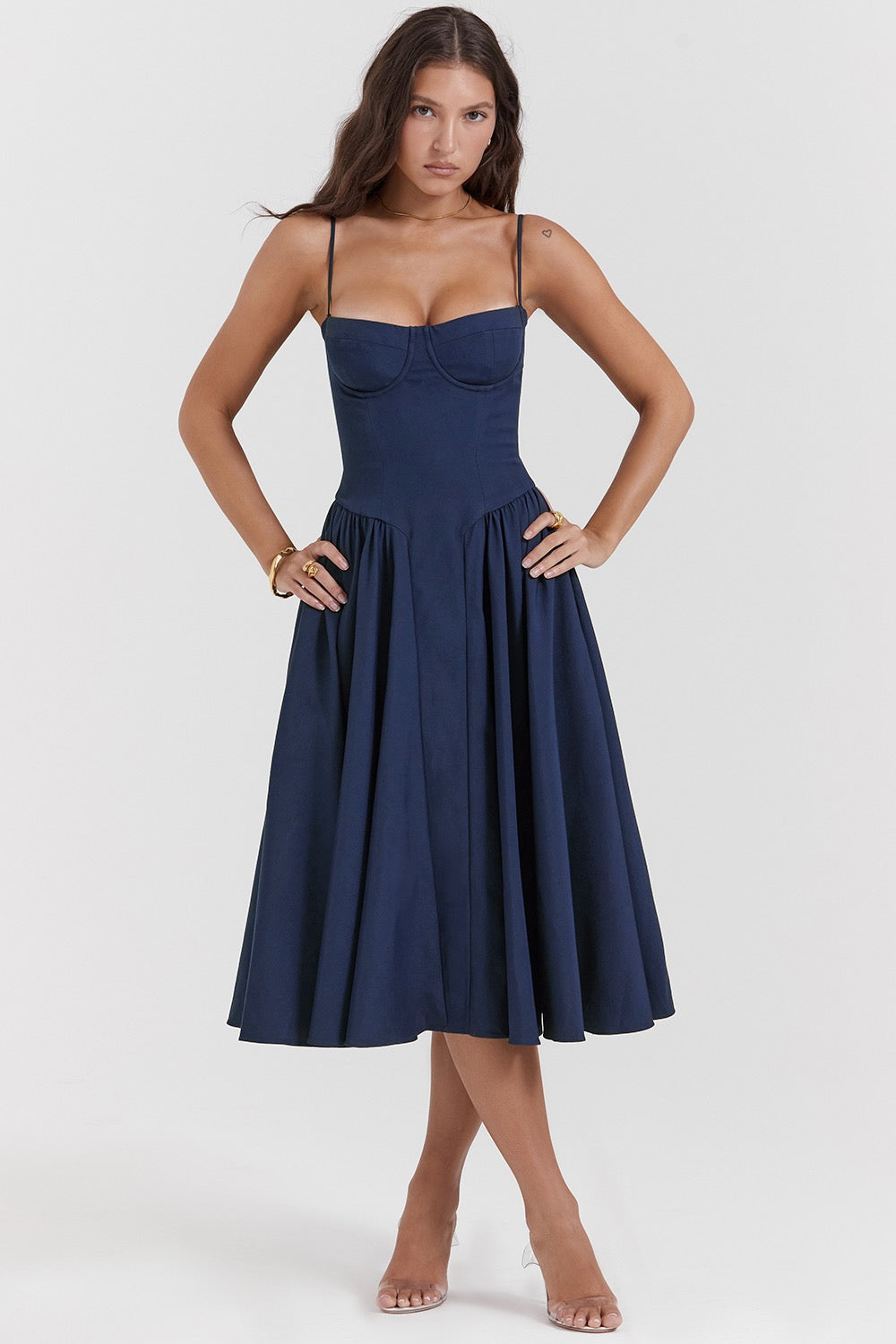 Women's long tank-style wedding guest dress in elegant evening silhouette with vintage-inspired clean lines