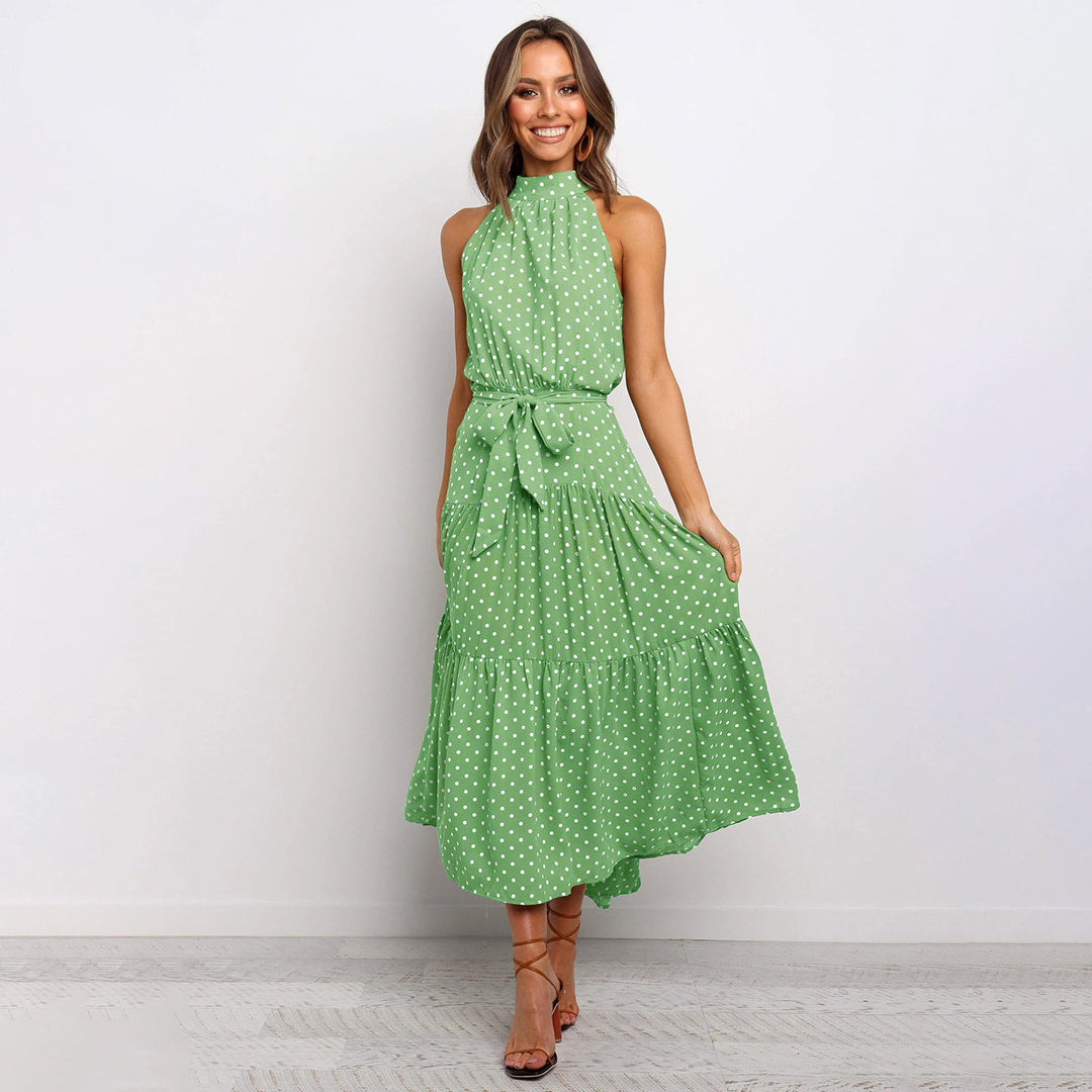 Polka dot halterneck maxi dress with defined waistband, sleeveless elegant summer style