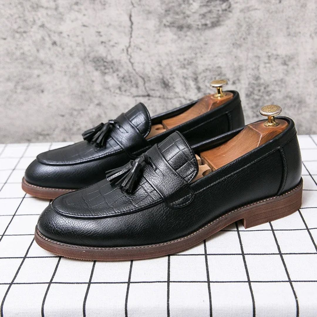 Men's brown leather tassel loafers dress shoes with cushioned EVA insoles sleek finish