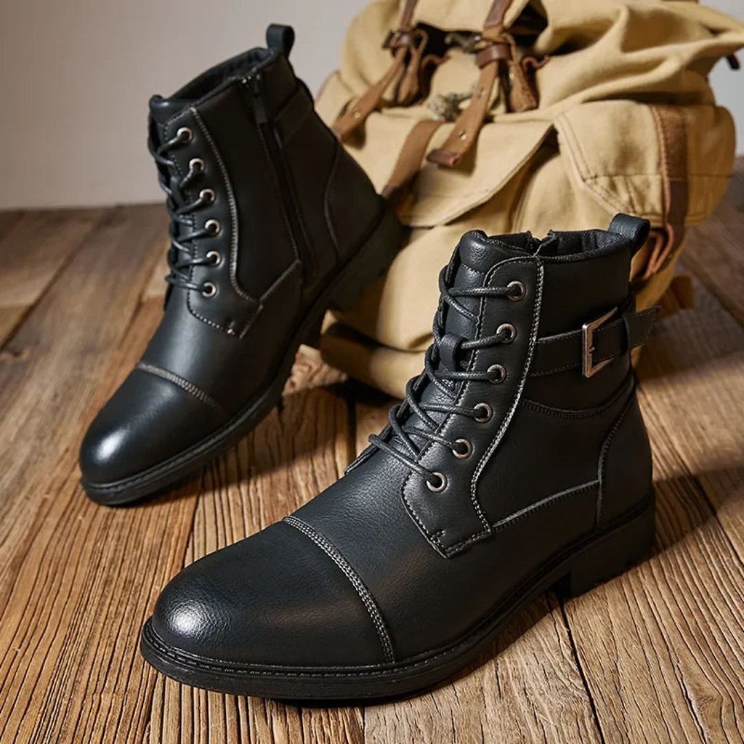 Alaric black matte faux leather lace-up streetwear boots with military-inspired design and non-slip sole