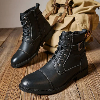 Alaric black matte faux leather lace-up streetwear boots with military-inspired design and non-slip sole