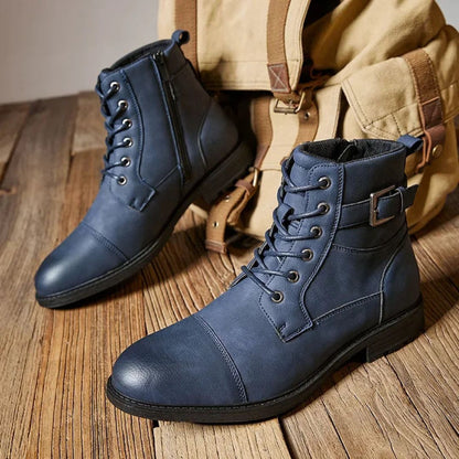 Black matte faux leather lace-up streetwear boots with military-inspired design and non-slip sole