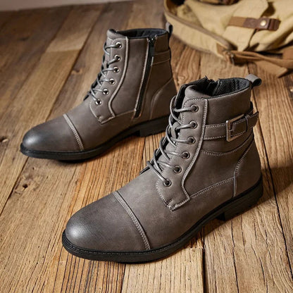 Black matte faux leather lace-up streetwear boots with military styling and non-slip rubber sole