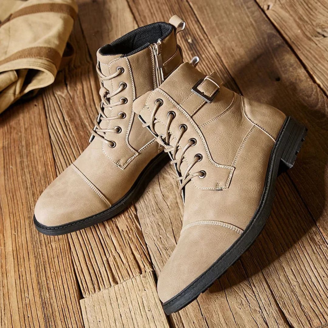 Black matte faux leather lace-up streetwear boots with military styling and cushioned non-slip sole
