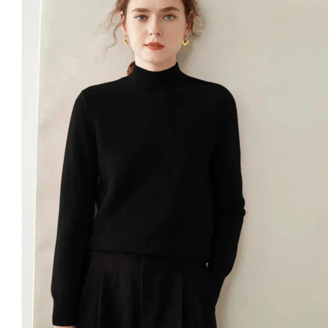 Ivory cashmere mock neck sweater with chevron knit pattern and ribbed cuffs for women