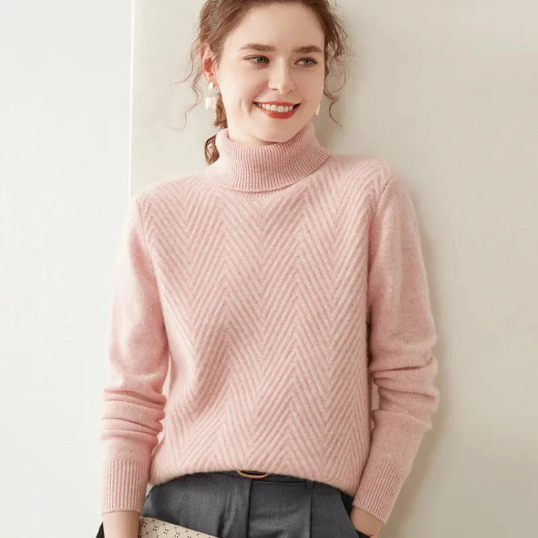 Ivory cashmere wool mock neck sweater with chevron knit pattern and ribbed cuffs