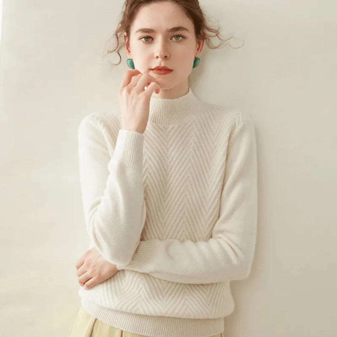 Alda ivory cashmere wool mock neck sweater with chevron knit pattern and ribbed cuffs