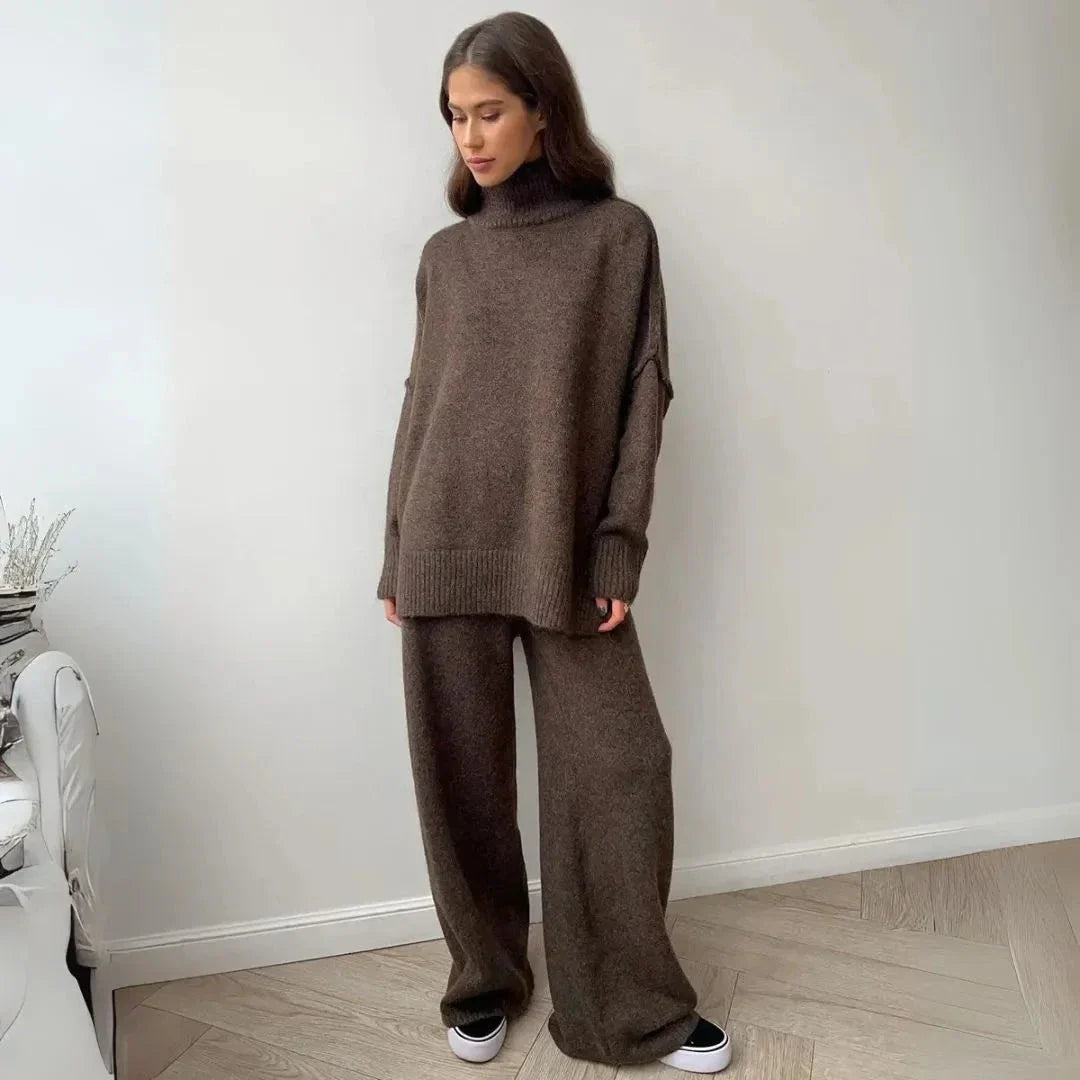 Beige oversized turtleneck knit lounge set with wide-leg pants and dropped shoulders