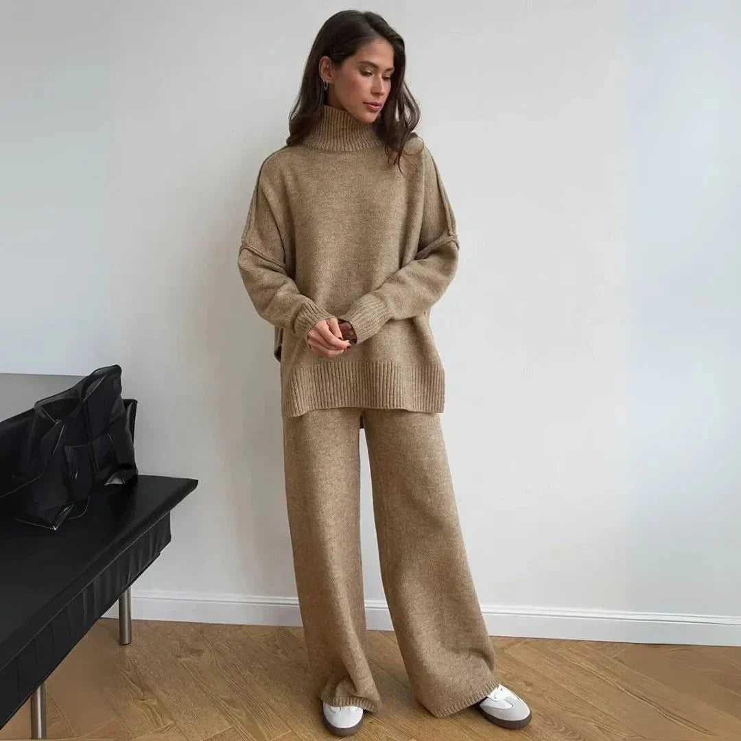 Cream oversized turtleneck knit lounge set with wide-leg pants and dropped shoulders
