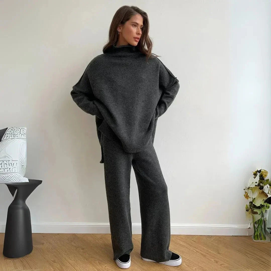 Beige oversized turtleneck knit lounge set with wide-leg pants and dropped shoulders