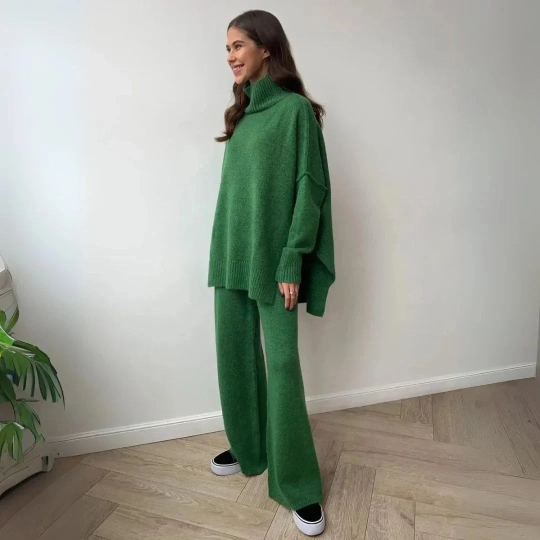 Beige oversized turtleneck knit lounge set with wide-leg pants and dropped shoulders