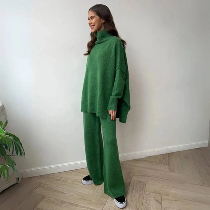 Beige oversized turtleneck knit lounge set with wide-leg pants and dropped shoulders