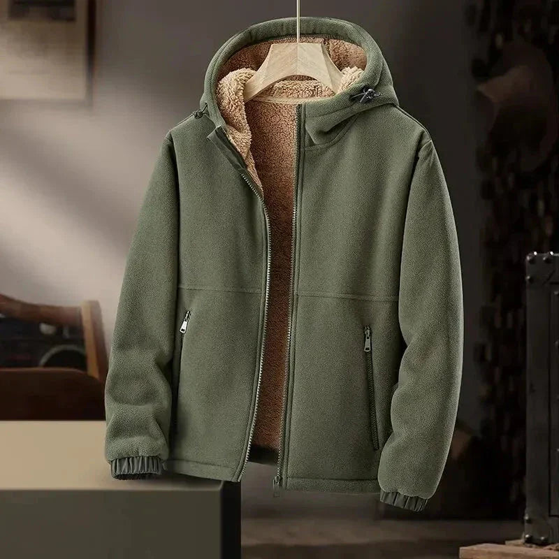 Men's grey cashmere fleece hooded jacket with minimalist design, zip pockets, and soft lining
