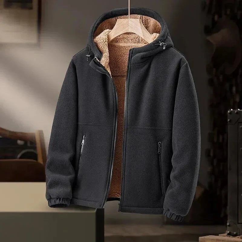 Alec gray cashmere fleece hooded jacket with minimalist design and functional zip pockets