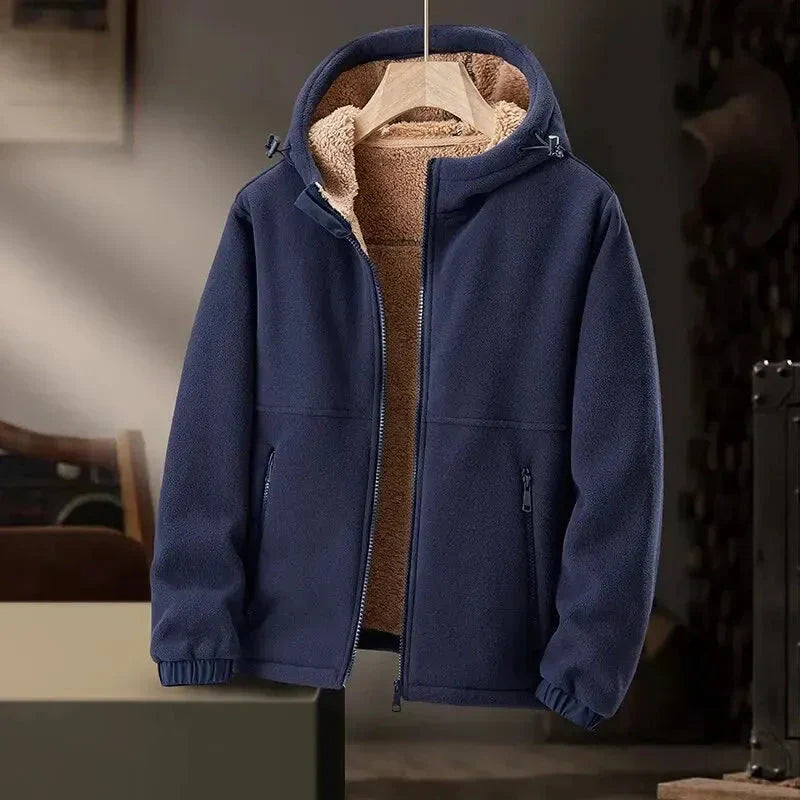 Alec men's gray cashmere fleece hooded jacket with zip pockets and minimalist silhouette