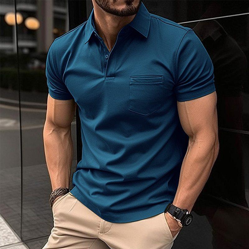 Men's regular fit polo shirt with chest pocket, breathable cotton-blend fabric, short sleeves