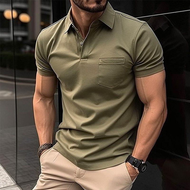 Men's regular fit polo shirt with chest pocket, breathable cotton-blend fabric, smart-casual short sleeves