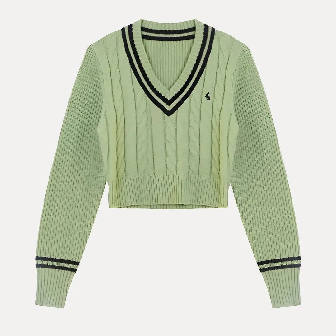 Cream cable-knit cropped V-neck sweater with bold striped trim sporty style